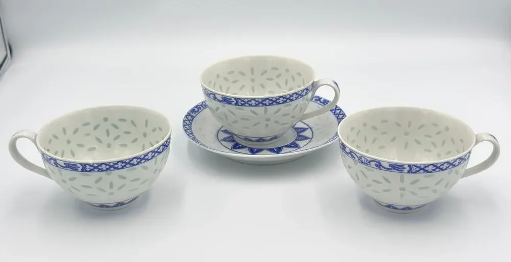 Jingdezhen Rice Eye Grain Cups & Saucer Blue & White Porcelain 4pc Set